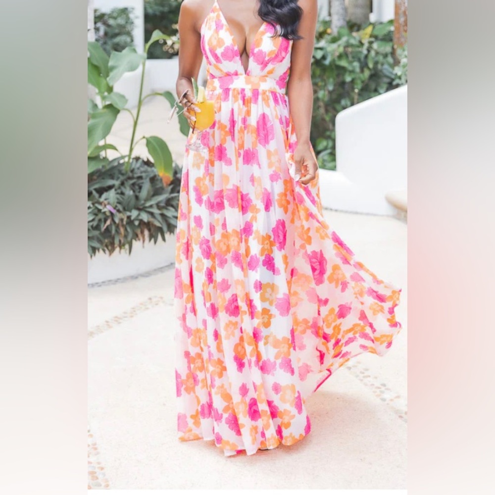 Pink Lily It All Begins With Love Pink/Orange Floral Maxi Dress NWOT